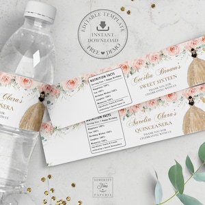 EDITABLE Blush Pink Floral Champagne Gold Dress Quinceanera Water Bottle Label XV 15th 16th Birthday Wrapper Sticker Printable Download QC7