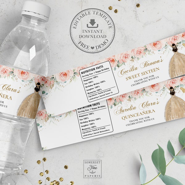 EDITABLE Blush Pink Floral Champagne Gold Dress Quinceanera Water Bottle Label XV 15th 16th Birthday Wrapper Sticker Printable Download QC7