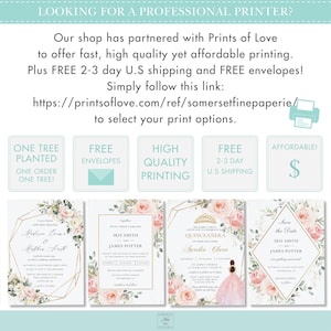 Pode incluir: Quatro cart&otilde;es de convite com designs florais e detalhes dourados. Os cart&otilde;es apresentam um padr&atilde;o floral rosa e branco com molduras geom&eacute;tricas douradas. O texto nos cart&otilde;es inclui "Save the Date", "Quincea&ntilde;era" e detalhes do convite de casamento. Os cart&otilde;es s&atilde;o impressos em papel de alta qualidade e incluem envelopes gratuitos.