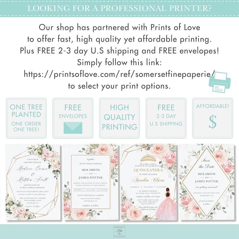 Pode incluir: Quatro cart&otilde;es de convite com designs florais e detalhes dourados. Os cart&otilde;es apresentam um padr&atilde;o floral rosa e branco com molduras geom&eacute;tricas douradas. O texto nos cart&otilde;es inclui "Save the Date", "Quincea&ntilde;era" e detalhes do convite de casamento. Os cart&otilde;es s&atilde;o impressos em papel de alta qualidade e incluem envelopes gratuitos.