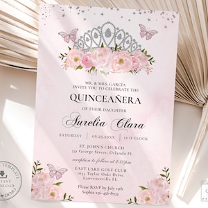 Rose Floral princesse Quinceañera Invitation TÉLÉCHARGEMENT INSTANTANÉ argent diadème couronne Mis coing 15 Anos anniversaire modifiable modèle imprimable QC27