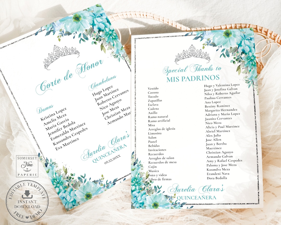 Turquoise Blue Floral Silver Quinceañera Padrinos List EDITABLE ...