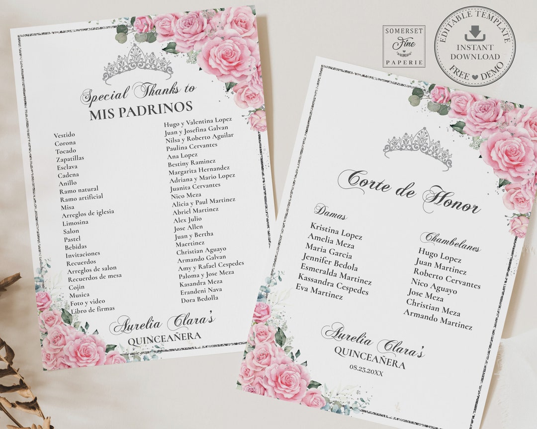 Pink Floral Roses Silver Quinceañera Mis Padrinos List Printable ...