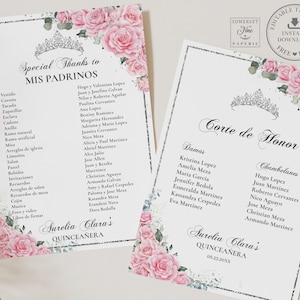May include: A Quinceañera celebration programme with a pink floral design and a silver crown. The programme lists the names of the honoured guests, including the Maid of Honour and the Best Man. The text "Corte de Honor" is at the top of the programme.