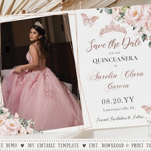 Blush Floral Flowers Rose Gold Butterflies Quinceañera Save the Date Photo Postcard Printable EDITABLE TEMPLATE Mis Quince 16 Birthday QC47