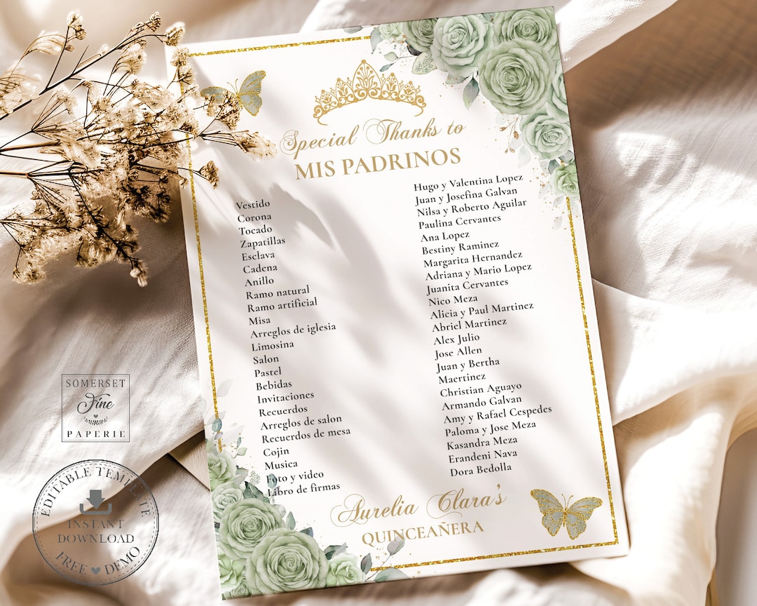 Sage Green Floral Gold Quinceañera Mis Padrinos List Corte De Honor ...