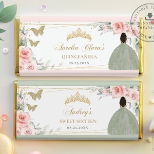 May include: Two printable chocolate bar wrappers with a floral design and a gold crown. The top wrapper is pink and says "Aurelia Clara's Quinceañera 08.25.20XX". The bottom wrapper is green and says "Audrey's Sweet Sixteen 08.25.20XX".