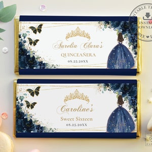 May include: Two printable chocolate bar wrappers with a blue and gold design. The top wrapper says "Aurelia Clara's Quinceañera 08.25.20XX". The bottom wrapper says "Caroline's Sweet Sixteen 08.25.20XX".
