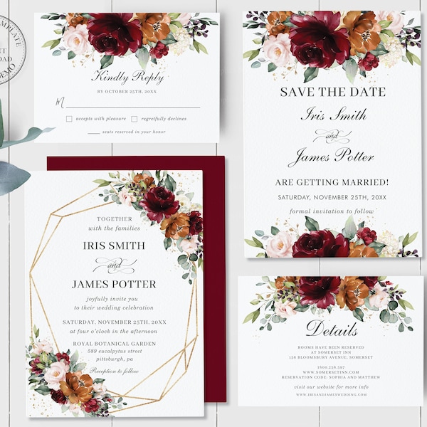 Floral Wedding Invitation EDITABLE TEMPLATE | Wedding Bundle | Chic Printable | Rustic Burgundy Rust Flower Greenery | Instant Download RB3