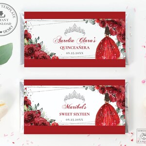 May include: Two printable chocolate bar wrappers with a red and white design. The wrappers feature a red floral design with a crown and a woman in a red dress. The text on the wrappers reads "Aurelia Clara's Quinceañera 08.25.20XX" and "Maribels Sweet Sixteen 08.25.20XX".