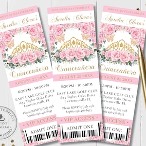 Pink Floral Gold Princess Crown Quinceañera VIP Ticket Invitation EDITABLE Template Quince 15 XV Sweet 16th Birthday Download Printable QC24