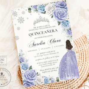 EDITABLE Winter Wonderland Periwinkle Purple Blue White Floral Silver Quinceañera Invitation Snowflakes Quince 16th Birthday Printable QC62