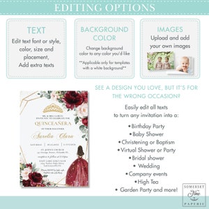 May include: A Quincea&ntilde;era invitation template with a gold and burgundy floral design. The invitation features a gold crown, a burgundy dress, and the text "MR. & MRS. GARCIA INVITE YOU TO CELEBRATE THE QUINCEA&Ntilde;ERA OF THEIR DAUGHTER Aurelia Clara".