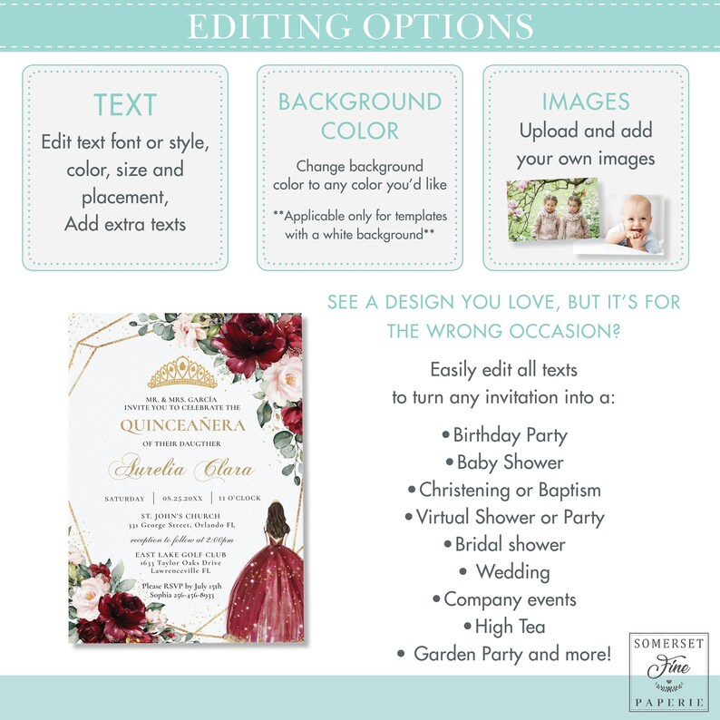 May include: A Quincea&ntilde;era invitation template with a gold and burgundy floral design. The invitation features a gold crown, a burgundy dress, and the text "MR. & MRS. GARCIA INVITE YOU TO CELEBRATE THE QUINCEA&Ntilde;ERA OF THEIR DAUGHTER Aurelia Clara".