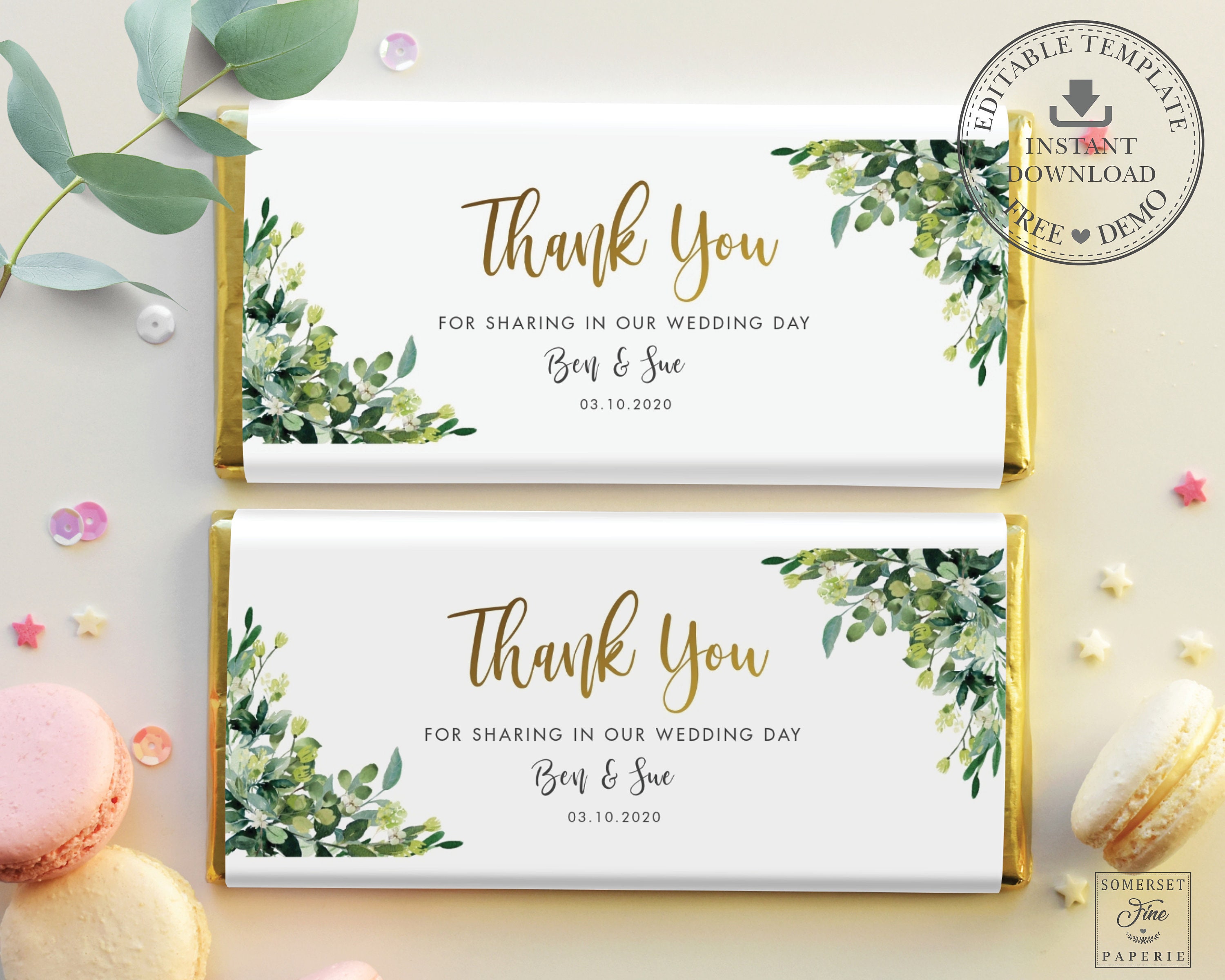 Greenery Wedding Chocolate Bar Label INSTANT DOWNLOAD, Candy Bar 