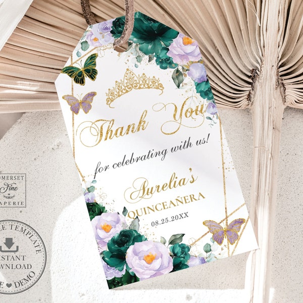 EDITABLE TEMPLATE Thank You Favor Tags Emerald Green Purple Lilac Floral Quinceaneara 15th XV Sweet 16 Birthday Butterflies Printable QC44