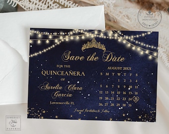 May include: A navy blue "Save the Date" card for a quinceañera, featuring gold text and a tiara illustration. The card includes a calendar for August 20XX and the names Aurelia Clara García, and Lawrenceville FL.