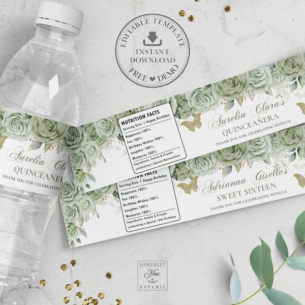 EDITABLE Sage Green Floral Roses Butterflies Gold Quinceañera Sweet 16 Water Bottle Labels Quince Birthday Wrappers Stickers Printable QC43