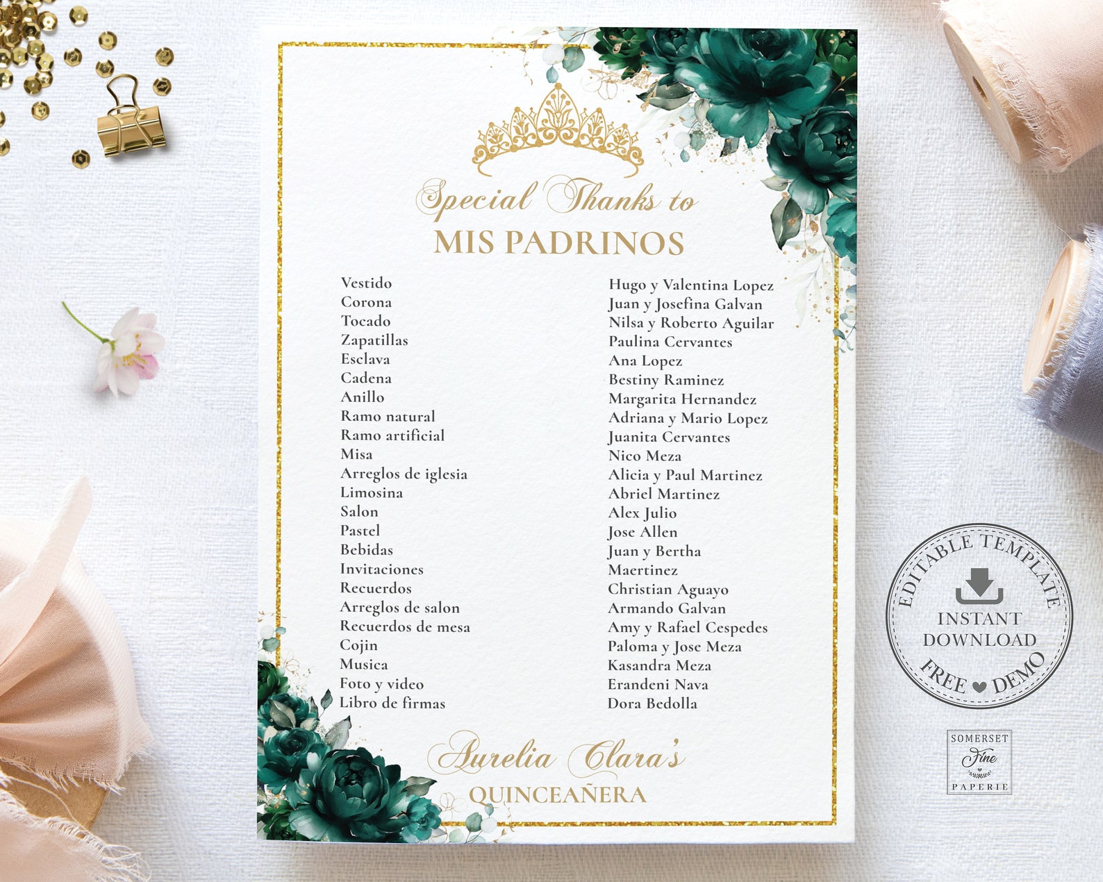 Emerald Green Floral Quinceañera Mis Padrinos List Printable - Etsy