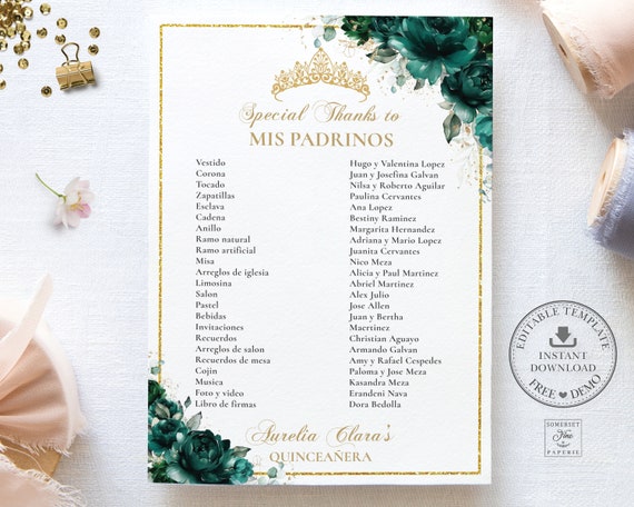 Emerald Green Floral Quinceañera Mis Padrinos List Printable - Etsy México