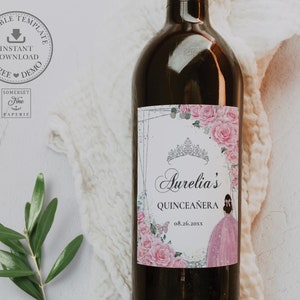 EDITABLE TEMPLATE Wine Bottle Labels, Pink Roses Floral Princess Dress Silver Quinceañera 15th XV Birthday Sweet 16 Printable Download QC24
