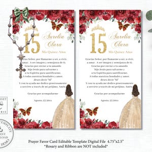 Prayer Card Rosary Favor Red Floral Champagne Gold Dress EDITABLE TEMPLATE Quinceañera Quince 15 Birthday Butterfly Printable Download QC13