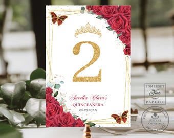 Red Roses Floral Butterflies Table Number EDITABLE TEMPLATE Gold Quinceañera Quince 15 XV Sweet 16 18th Birthday Printable Download QC19