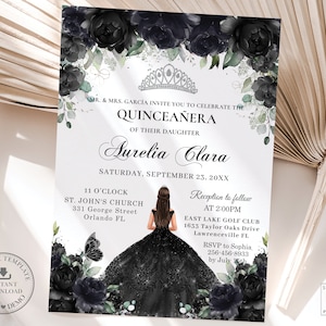 Black Silver Floral Roses Princess Quinceañera Invitation EDITABLE TEMPLATE, Mis Quince XV 15 Anos 16th Birthday Download Printable, QC25