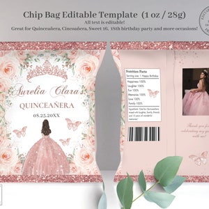 May include: A pink and gold chip bag template with a floral design and a butterfly. The bag is decorated with a crown and the text "Aurelia Clara's Quinceañera 08.25.20XX".