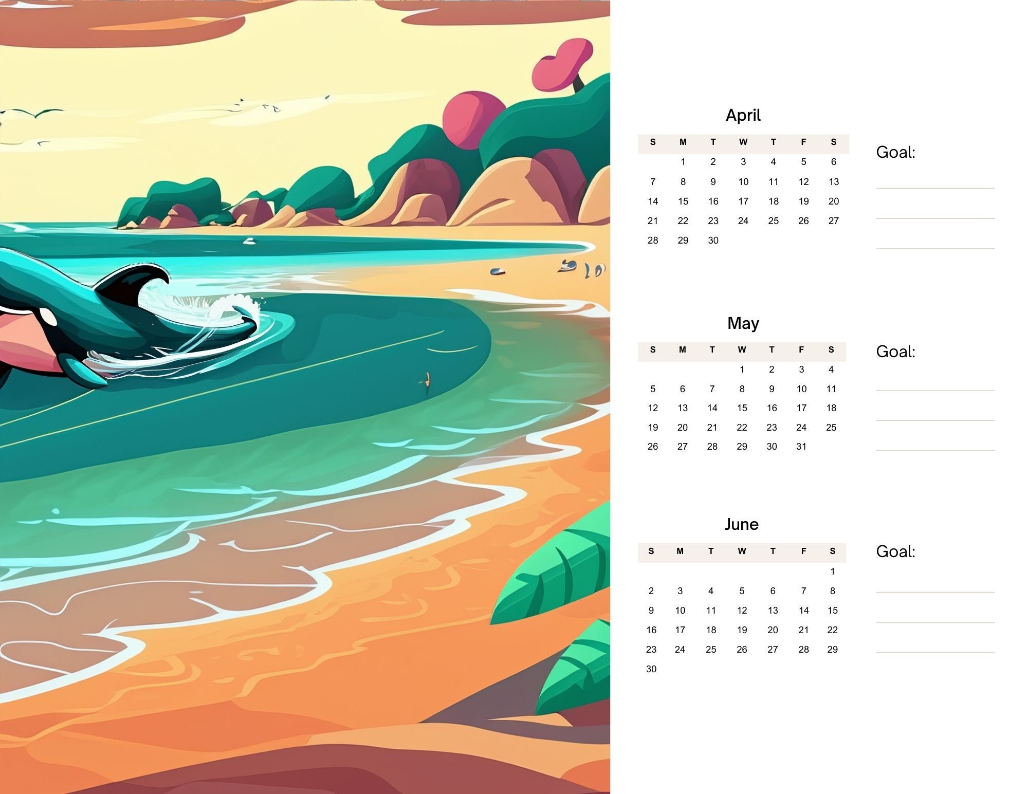 2024 Printable Quarterly Calendar Minimalist Original Artwork Digital
