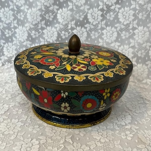 Charming Vintage Multicolor Floral Round Tin Canister - Made in England