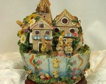 Vintage Lighted Easter Bunny Village | Hand-Painted Resin Cottage Décor