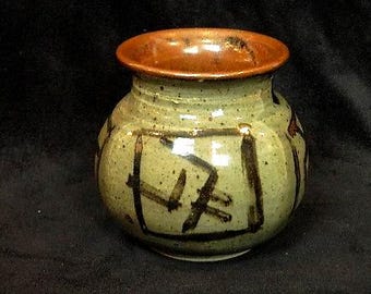 Vintage Studio Art Pottery Vase Green Iron Glaze Abstract Tribal Mid Century Decor