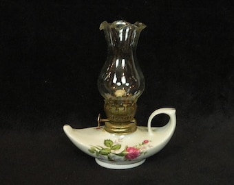Vintage Floral Finger Oil Lamp | Rose Porcelain Kerosene Lamp, Victorian Decor