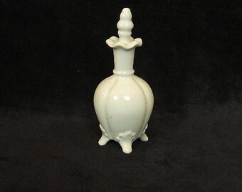 Antique Victorian Milk Glass Cologne Bottle with Feet, Molded Scroll Opaque White Vanity Decanter