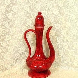 Vintage Red Crackle Glaze Ceramic Ewer Pitcher with Lid | Art Pottery Display Piece | AS IS | Chips on Rim & Lid
