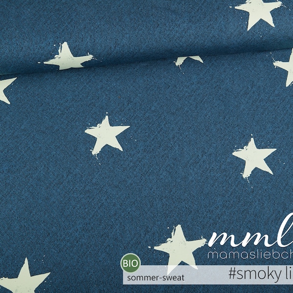 Organic Summer Sweat Fabric Stars Star Blue White Linen Optics "Star Rain #smoky Light" (0,5 m) di mamasliebchen