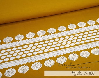 Jersey-Stoff Spitze Spitzen-Muster "lacing #gold-white" (1 Panel, ca. 0,8m) gold gelb weiss