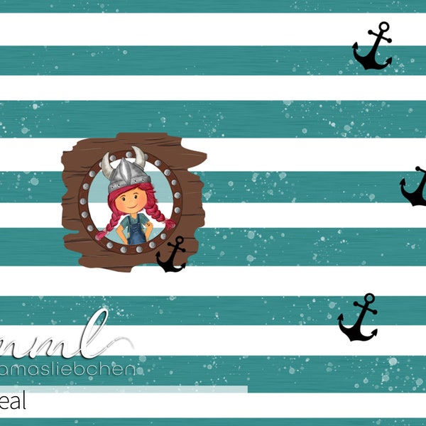 Jersey fabric children Viking girl Viking petrol-white "robber child #teal" (1 panel 0.65 m) turquoise anchor of mamasliebchen