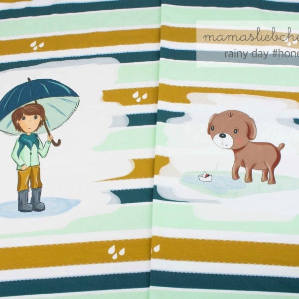 Jersey tessuto ragazzo autunno pioggia ombrello cane cucciolo "rainy day #honey menta" - 1 pannello