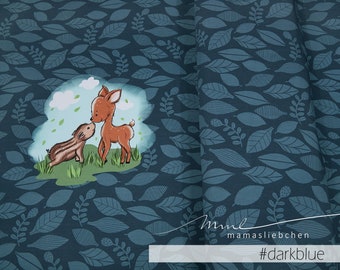 Jersey-Stoff Reh Rehe Rehkitz Wildschwein "Theo & Mo #darkblue" (1 Panel 0,65m) dunkelblau blau