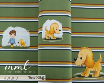 Jersey-Stoff mit süssem Hund in gelb grün "Henri & Fluffi #bruno" (1 Panel 0,65 m) von mamasliebchen