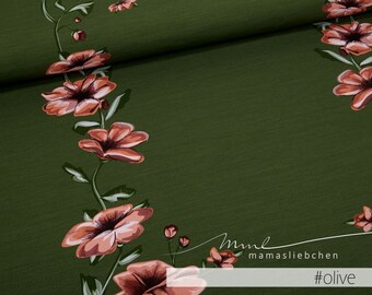 Jersey Fabric Flower Flowers Tendrils Anemones "mona #olive" (0.5 m) olive green pink