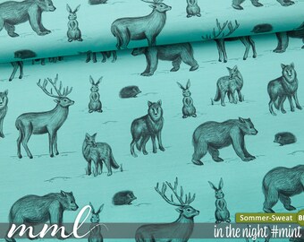 Bio Sommer-Sweat-Stoff Wald Waldtiere Wolf Reh Bären Hasen Igel "in the night #mint" (0,25m) mintgrün grün türkis von mamasliebchen