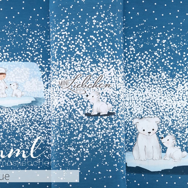 Jersey tessuto piccolo orso polare "Ben & Flocke #blue" (1 pannello 0,75 m) in fiocchi di neve bianco blu di mamasliebchen per bambini Ragazze Ragazzi