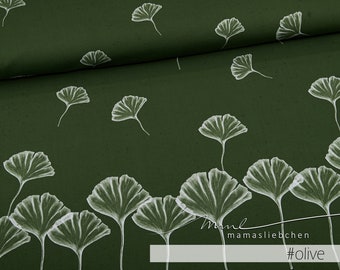 Jersey-Stoff Damen Mädchen Kinder Blume Blatt Blätter Gingko "ginko flow #olive" (Panel 0,90 m) grün olivgrün weiss Panelstoff mamasliebchen