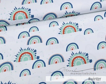 Jersey-Stoff Regenbogen Regenbögen bunt in blau mint weiss "Rainbow Parade #winter" (0,5 m) von mamasliebchen für Damen Kinder Mädchen