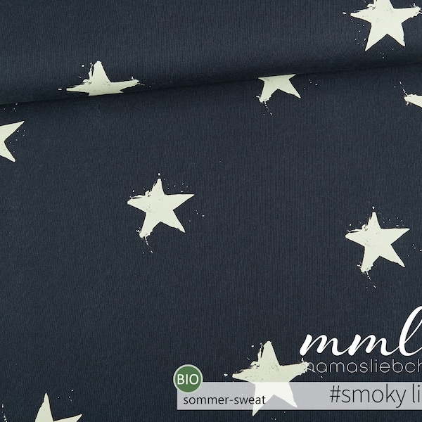 Organic Summer Sweat Fabric Stars Star Blue White Linen Optics "Star Rain #night Light" (0,5 m) di mamasliebchen