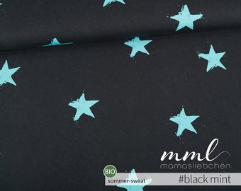 Organic Summer Sweat Fabric Star Black Turquoise Linen Look "Star Rain #black Mint" (0.5 m) by mamasliebchen