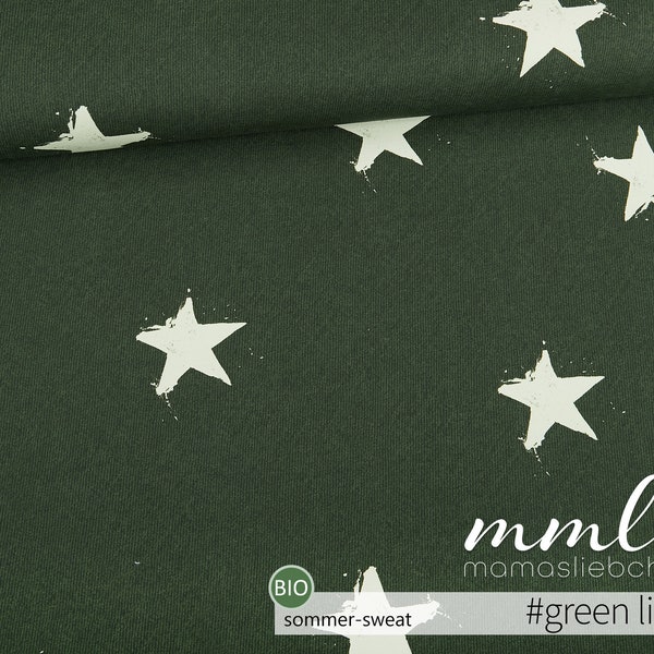 Organic Summer Sweat Fabric Stars Star Green White Linen Look "Star Rain #green Light" (0,5 m) di mamasliebchen